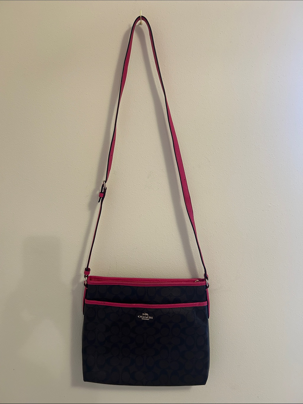 Coach File Rowan Bag In Signature Canvas With Fuchsia Leather Trim